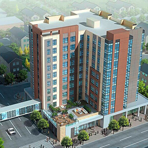 Artists rendering of Misericordia Place, a 10-story building with a skywalk